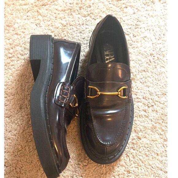 Zara Burgundy Patent Leather Penny Loafers Chunky Size 8 - Picture 3 of 6